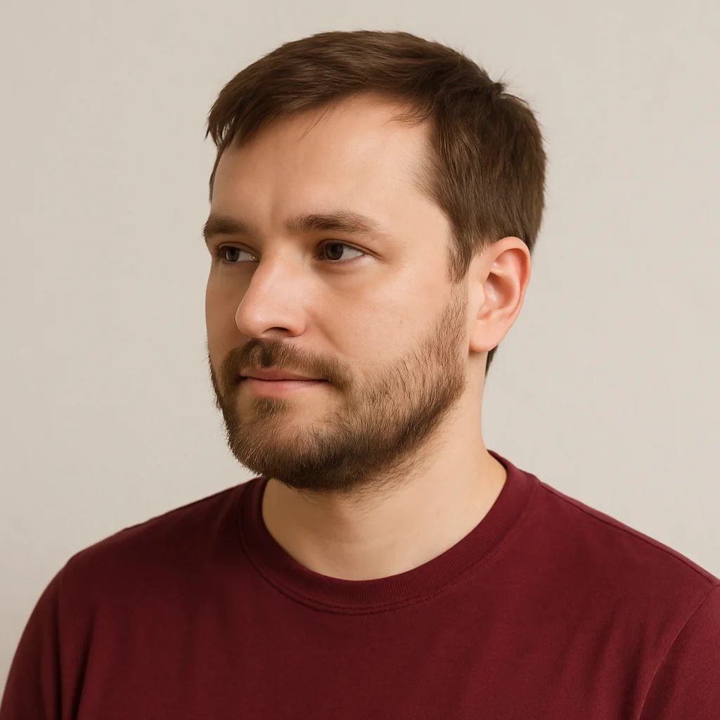 Portret redaktora działu aktualizacji gier, ujęcie w półprofilu na jasnym tle